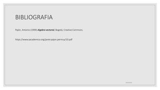 BIBLIOGRAFIA
Pajón, Antonio (1999) Algebra vectorial, Bogotá, Creative Commons.
https://www.aacademica.org/javier.pajon.permuy/10.pdf
19/10/2020
 