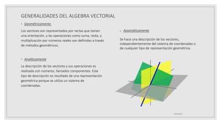 GENERALIDADES DEL ALGEBRA VECTORIAL
◦ Geométricamente.
Los vectores son representados por rectas que tienen
una orientación, y las operaciones como suma, resta, y
multiplicación por números reales son definidas a través
de métodos geométricos.
◦ Analíticamente
La descripción de los vectores y sus operaciones es
realizada con números, llamados componentes. Este
tipo de descripción es resultado de una representación
geométrica porque se utiliza un sistema de
coordenadas.
19/10/2020
o Axiomáticamente
Se hace una descripción de los vectores,
independientemente del sistema de coordenadas o
de cualquier tipo de representación geométrica.
 