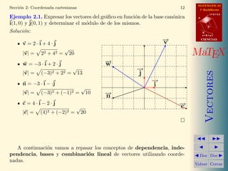 MATEMATICAS
Secci´n 2: Coordenada cartesianas
     o                                                                    12     1º Bachillerato
                                                                                           r=A+lu
Ejemplo 2.1. Expresar los vectores del gr´ﬁco en funci´n de la base can´nica
                                           a           o               o        A

i(1, 0) y j(0, 1) y determinar el m´dulo de de los mismos.
                                   o
                                                                                       d

Soluci´n:
       o                                                                            B
                                                                                    s=B+mv

                                                                  −
                                                                  →
                                                                  v
                                                                                    CIENCIAS
      v =2·i+4·j
                           √
      |v| =    22 + 42 =       20                                              MaTEX
      w = −3 · i + 2 · j                         −
                                                 →
                                                 w
                                √                      →
                                                       −
               (−3)2 + 22 =                            j




                                                                                       Vectores
      |v| =                         13

      n = −3 · i − ·j
                                                             →
                                                             −
                                        √
                                                             i
      |v| =    (−3)2 + (−1)2 =              10   −
                                                 →
                                                 n
      c=4·i−2·j                                                          →
                                                                         −
                                                                         c
                                    √
      |c| =    (4)2 + (−2)2 =           20




   A continuaci´n vamos a repasar los conceptos de dependencia, inde-
               o
pendencia, bases y combinaci´n lineal de vectores utilizando coorde-
                               o                                                 Doc Doc
nadas.
                                                                               Volver Cerrar
 