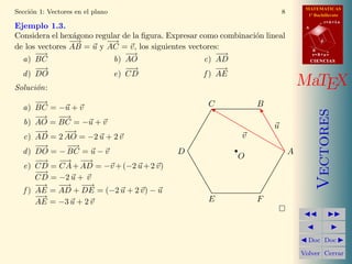 MATEMATICAS
Secci´n 1: Vectores en el plano
     o                                                                     8         1º Bachillerato
                                                                                               r=A+lu
Ejemplo 1.3.                                                                        A

Considera el hex´gono regular de la ﬁgura. Expresar como combinaci´n lineal
                 a                                                o
                −
                −→       −→                                                                d
de los vectores AB = u y AC = v, los siguientes vectores:                               B
      −→
       −                       −→                        −→
                                                          −                             s=B+mv
  a) BC                    b) AO                     c) AD                              CIENCIAS
      −→
       −                       −→
                                −                        −→
  d ) DO                   e) CD                     f ) AE
Soluci´n:
      o
                                                                                   MaTEX
      −→
      −                                              C             B
  a) BC = −u + v




                                                                                           Vectores
      −→ −→−
  b) AO = BC = −u + v                                                  u
      −→
       −    −→
  c) AD = 2 AO = −2 u + 2 v                                    v
      −→
       −     −→
             −
  d ) DO = − BC = u − v                      D                                 A
      −→ −
       −    → −→ −
                                                             O
  e) CD = CA + AD = −v + (−2 u + 2 v)
      −→
       −
      CD = −2 u + v
      −→ −→ −→
           −      −
  f ) AE = AD + DE = (−2 u + 2 v) − u
      −→                                             E             F
      AE = −3 u + 2 v



                                                                                     Doc Doc

                                                                                   Volver Cerrar
 