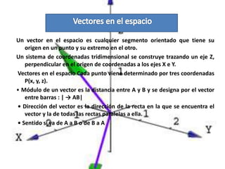 Un vector en el espacio es cualquier segmento orientado que tiene su
origen en un punto y su extremo en el otro.
Un sistem...