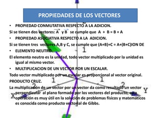 PROPIEDADES DE LOS VECTORES
• PROPIEDAD CONMUTATIVA RESPECTO A LA ADICION.
Si se tienen dos vectores: A y B se cumple que ...