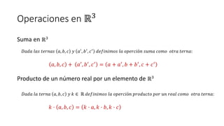 Operaciones en ℝ3
Suma en ℝ3
𝐷𝑎𝑑𝑎 𝑙𝑎𝑠 𝑡𝑒𝑟𝑛𝑎𝑠 𝑎, 𝑏, 𝑐 𝑦 𝑎′, 𝑏′, 𝑐′ 𝑑𝑒𝑓𝑖𝑛𝑖𝑚𝑜𝑠 𝑙𝑎 𝑜𝑝𝑒𝑟𝑐𝑖ó𝑛 𝑠𝑢𝑚𝑎 𝑐𝑜𝑚𝑜 𝑜𝑡𝑟𝑎 𝑡𝑒𝑟𝑛𝑎:
𝑎, 𝑏, 𝑐 + 𝑎′, 𝑏′, 𝑐′ = 𝑎 + 𝑎′, 𝑏 + 𝑏′, 𝑐 + 𝑐′
Producto de un número real por un elemento de ℝ3
𝐷𝑎𝑑𝑎 𝑙𝑎 𝑡𝑒𝑟𝑛𝑎 𝑎, 𝑏, 𝑐 𝑦 𝑘 ∈ ℝ 𝑑𝑒𝑓𝑖𝑛𝑖𝑚𝑜𝑠 𝑙𝑎 𝑜𝑝𝑒𝑟𝑐𝑖ó𝑛 𝑝𝑟𝑜𝑑𝑢𝑐𝑡𝑜 𝑝𝑜𝑟 𝑢𝑛 𝑟𝑒𝑎𝑙 𝑐𝑜𝑚𝑜 𝑜𝑡𝑟𝑎 𝑡𝑒𝑟𝑛𝑎:
𝑘 · 𝑎, 𝑏, 𝑐 = 𝑘 · 𝑎, 𝑘 · 𝑏, 𝑘 · 𝑐
 