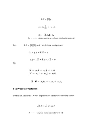 𝐴⃗ . 𝐵⃗⃗ = ⌈𝐵⃗⃗⌉ 𝑝
𝑝 = 𝐴⃗.
𝐵⃗⃗
⌈𝐵⃗⃗⌉
= 𝐴⃗ . 𝑒⃗ 𝐵
𝒑⃗⃗⃗ = (𝑨⃗⃗⃗ . 𝒆⃗⃗ 𝑩) . 𝒆⃗⃗ 𝑩
𝑒⃗ 𝐵 … … … … . 𝑣𝑒𝑐𝑡𝑜𝑟 𝑢𝑛𝑖𝑡𝑎𝑟𝑖𝑜 𝑒𝑛 𝑙𝑎 𝑑𝑖𝑟𝑒𝑐𝑐𝑖ó𝑛 𝑑𝑒𝑙 𝑣𝑒𝑐𝑡𝑜𝑟 𝐵
De : 𝐴⃗ . 𝐵⃗⃗ = ⌈𝐴⃗⌉ ⌈𝐵⃗⃗⌉ cos 𝜃 , se deduce lo siguiente:
𝒊⃗ . 𝒊⃗ = 𝒋⃗ . 𝒋⃗ = 𝒌⃗⃗⃗ . 𝒌⃗⃗⃗ = 𝟏
𝒊⃗ . 𝒋⃗ = 𝒊⃗ . 𝒌⃗⃗⃗ = 𝒌⃗⃗⃗ . 𝒊⃗ = 𝒋⃗ . 𝒌⃗⃗⃗ = 𝟎
Si:
b1) Producto Vectorial.-
Dados los vectores A y B. El productor vectorial se define como:
𝐴⃗ 𝑋 𝐵⃗⃗ = ⌈𝐴⃗⌉ ⌈𝐵⃗⃗⌉ sen 𝜃
𝜃 − − − −á𝑛𝑔𝑢𝑙𝑜 𝑒𝑛𝑡𝑟𝑒 𝑙𝑜𝑠 𝑣𝑒𝑐𝑡𝑜𝑟𝑒𝑠 𝐴 𝑦 𝐵
 