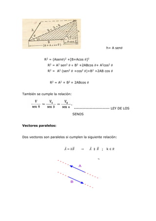 h= A sen𝜃
R2 = (Asen𝜃)2 +[B+Acos 𝜃]2
R2 = A2 sen2 𝜃 + B2 +2ABcos 𝜃+ A2cos2 𝜃
R2 = A2 (sen2 𝜃 +cos2 𝜃)+B2 +2AB cos 𝜃
R2 = A2 + B2 + 2ABcos 𝜃
También se cumple la relación:
------------------------- LEY DE LOS
SENOS
Vectores paralelos:
Dos vectores son paralelos si cumplen la siguiente relación:
𝐴⃗ = 𝑘𝐵⃗⃗ → 𝐴⃗ ∥ 𝐵⃗⃗ ; k ∈ 𝑅
 