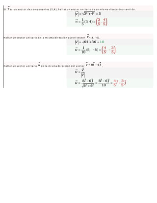 S i es u n v ec to r d e c o mp o n en tes ( 3 ,4 ), h a l l ar u n v ec to r u n i tari o d e s u mi s ma d i recci ó n y s en ti d o .
Ha l l ar u n v ec to r u n i ta rio d e l a mi s ma d i r ecci ó n q u e el v ec to r =( 8 , - 6 ) .
Ha l l ar u n v ec to r u n i ta rio d e l a mi s ma d i r ecci ó n d el v ec to r .
 