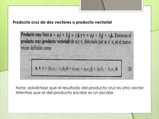 Producto cruz de dos vectores o producto vectorial
Nota: adviértase que el resultado del producto cruz es otro vector
Mientras que el del producto escalar es un escalar.
 