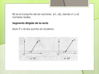 R2 es el conjunto de los vectores (x1, x2), siendo x1 y x2
números reales.
Segmento dirigido de la recta
Sean P y Q dos puntos en el plano.
 