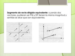Segmento de recta dirigido equivalente: cuando dos
vectores, pudieran ser PQ y DF tienen la misma magnitud y
sentido se dice que son equivalentes.
 