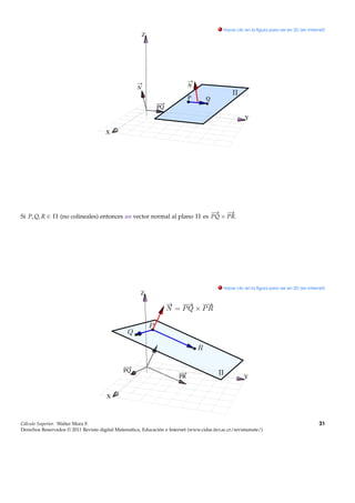 . Hacer clic en la ﬁgura para ver en 3D (en Internet)
                                                         Z




                                                     N                       N

                                                                             P       Q
                                                              PQ
                                                                                                       Y

                                       X




                                                                       −→ − →
Si P, Q, R ∈ Π (no colineales) entonces un vector normal al plano Π es PQ × PR.




                                                                                           . Hacer clic en la ﬁgura para ver en 3D (en Internet)
                                                       Z




                                               PQ
                                                                        PR                             Y


                                       X



Cálculo Superior. Walter Mora F.                                                                                                             31
Derechos Reservados © 2011 Revista digital Matemática, Educación e Internet (www.cidse.itcr.ac.cr/revistamate/)
 