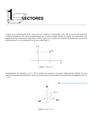 1                     VECTORES


A partir de la representación de R, como una recta numérica, los elementos ( a, b) ∈ R2 se asocian con puntos de
un plano deﬁnido por dos rectas perpendiculares que al mismo tiempo deﬁnen un sistema de coordenadas rect-
angulares donde la interseccón representa a (0, 0) y cada ( a, b) se asocia con un punto de coordenada a en la recta
horizontal (eje X) y la coordenada b en la recta vertical (eje Y).




                                                Figura 1.1    Punto ( a, b)




Analógamente, los elementos ( a, b, c) ∈ R3 se asocian con puntos en el espacio tridimensional deﬁnido con tres
rectas mutuamente perpendiculares. Estas rectas forman los ejes del sistema de coordenadas rectangulares (ejes X,
Y y Z).


                                                                                . Hacer clic en la ﬁgura para ver en 3D (en Internet)




                                               Figura 1.2    Punto ( a, b, c)
 