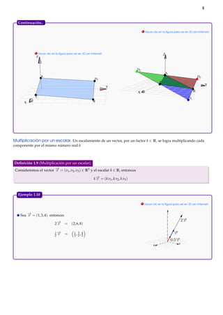 5



  Continuación...

                                                                                               . Hacer clic en la ﬁgura para ver en 3D (en Internet)




             . Hacer clic en la ﬁgura para ver en 3D (en Internet)
                                                                                                                 Z
             Z



                                                                                          D2
                                                                                                                 A
                 A                                                                                                                           D3
                                                            D3
                                                                                                             C
                                                                                                                                                      Y
                                                                     Y
                                                                                          X                                              B
             C                                                                                                                      D1
      X                                                   B




Multiplicación por un escalar. Un escalamiento de un vector, por un factor k ∈ R, se logra multiplicando cada
componente por el mismo número real k



Deﬁnición 1.9 (Multiplicación por un escalar).
Consideremos el vector − = (v1 , v2 , v3 ) ∈ R3 y el escalar k ∈ R, entonces
                        →
                        v

                                                           k − = ( k v1 , k v2 , k v3 )
                                                             →
                                                             v



  Ejemplo 1.10.

                                                                                               . Hacer clic en la ﬁgura para ver en 3D (en Internet)



    Sea − = (1, 3, 4) entonces
        →
        v

                            2−
                             →
                             v      = (2, 6, 8)

                            1−
                             →             1 3 4
                            2 v     =      2, 2, 2

                                                                                                                            Y
                                                                                                        X
 