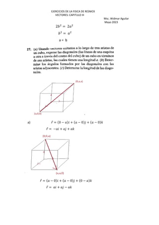 EJERCICIOS DE LA FISICA DE RESNICK
VECTORES: CAPITULO III
Msc. Widmar Aguilar
Mayo 2023
2 = 2
=
a = b
`
a) ⃗ = 0 − + − 0 + − 0 '
⃗ = − + + '
⃗ = − 0 + − 0 + 0 − '
⃗ = + − '
 