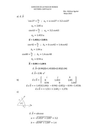 EJERCICIOS DE LA FISICA DE RESNICK
VECTORES: CAPITULO III
Msc. Widmar Aguilar
Mayo 2023
a) ⃗ . ⃗
`cos 27 =
Zd
Z
; a = 27 = 3.2 27
a = 2.85 5
cos 63 =
Z
Z
; H = 3.2 63
H = 1.453 5
⃗ = 1.453 j + 2.85 k
cos 42 =
–d
–
; a = 42 = 1.4 42
a = 1.04 5
cos48 =
–c
–
; G = 1.4 cos 48
G = 0.94 5
⃗ = 0.94 i + 1.04 k
⃗ . ⃗= (0.94)(0)+1.453(0)+(2.85)(1.04)
⃗ . ⃗ = 2.96 u2
b) ⃗ J ⃗ = Š
'
0 1.453 2.85
0.94 0 1.04
‹
⃗ J ⃗ = = 1.453 1.04 − 0.94 −2.85 − 0.94 ∗ 1.453'
⃗ J ⃗ = = 1.51 + 2.68 − 1.37'
c)
⃗ . ⃗ = (
= √1.453 + 2.85 = 3.2
= √0.94 + 1.04 = 1.4
 