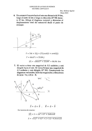 EJERCICIOS DE LA FISICA DE RESNICK
VECTORES: CAPITULO III
Msc. Widmar Aguilar
Mayo 2023
⃗ = 54 + 32 + 27 62 + 62
⃗ = 66.67 + 55.84
|⃗| = √66.67 + 55.84 = 86.96 '%
2
⃗ = ⃗ + ⃗ ; /
⃗ = ⃗ − ⃗
Por teorema de cosenos:
2
⃗ = 2 = √ + + 2 3
2 = √5.2 + 4.3 + 2 ∗ 5.2 ∗ 4.3 125
 