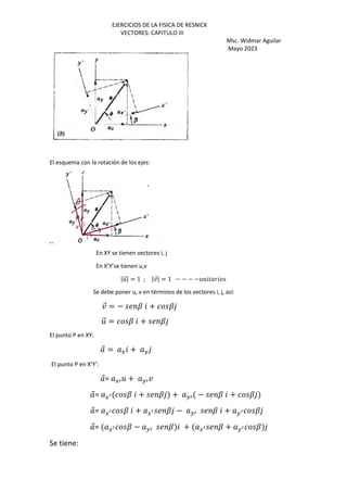 EJERCICIOS DE LA FISICA DE RESNICK
VECTORES: CAPITULO III
Msc. Widmar Aguilar
Mayo 2023
El esquema con la rotación de los ejes:
En XY se tienen vectores i, j
En X’Y’se tienen u,v
|5
⃗| = 1 ; |¤
⃗| = 1 − − − −5 )
Se debe poner u, v en términos de los vectores i, j, así:
¤
⃗ = − ? + ?
5
⃗ = ? + ?
El punto P en XY:
⃗ = G + H
El punto P en X’Y’:
⃗= Gb5 + Hb¤
⃗= G¦ ? + ? + Hb − ? + ?
⃗= G¦ ? + G¦ ? − Hb ? + H¦ ?
⃗= G¦ ? − Hb ? + G¦ ? + H¦ ?
Se tiene:
 