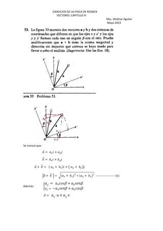 EJERCICIOS DE LA FISICA DE RESNICK
VECTORES: CAPITULO III
Msc. Widmar Aguilar
Mayo 2023
Se conoce que:
⃗ = G + H
⃗ = G + H
⃗ + ⃗ = G + G + Œ H + H•
‘ ⃗ + ⃗ ‘ = F J + J + K + K ----------------------(1)
Además: « J′ = J ? + K ?
H
b
= − J ? + K ?
⃗ = J′ 5 + K′¤
 