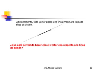 Adicionalmente, todo vector posee una línea imaginaria llamada
línea de acción.
¿Qué está permitido hacer con el vector con respecto a la línea
de acción?
10Ing. Marcos Guerrero
 