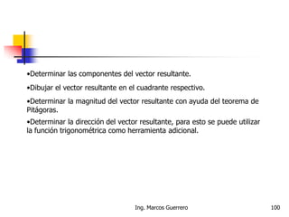 •Determinar las componentes del vector resultante.
•Dibujar el vector resultante en el cuadrante respectivo.
•Determinar la magnitud del vector resultante con ayuda del teorema de
Pitágoras.
•Determinar la dirección del vector resultante, para esto se puede utilizar
la función trigonométrica como herramienta adicional.
100Ing. Marcos Guerrero
 