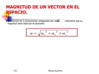 MAGNITUD DE UN VECTOR EN EL
ESPACIO.
Marcos Guerrero113
a

Conociendo las 3 componentes ortogonales del vector , demostrar que su
magnitud viene dada por la expresión:
222
zyx aaaa 
 