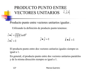 Marcos Guerrero127
PRODUCTO PUNTO ENTRE
VECTORES UNITARIOS .kji ˆ,ˆ,ˆ
Producto punto entre vectores unitarios iguales .
1ˆˆ
0ˆˆˆˆ 0


ii
Cosiiii
Utilizando la definición de producto punto tenemos:
1ˆˆ  jj 1ˆˆ kk
El producto punto entre dos vectores unitarios iguales siempre es
igual a 1.
En general, el producto punto entre dos vectores unitarios paralelos
y de la misma dirección siempre es igual a 1.
 