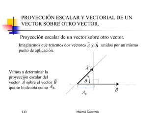 Marcos Guerrero133
PROYECCIÓN ESCALAR Y VECTORIAL DE UN
VECTOR SOBRE OTRO VECTOR.
Proyección escalar de un vector sobre otro vector.
A

B


Imaginemos que tenemos dos vectores y unidos por un mismo
punto de aplicación.
A

B

Vamos a determinar la
proyección escalar del
vector sobre el vector
que se lo denota como .
A

B

BA
BA
 