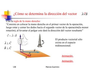 Marcos Guerrero138
Animación.
Con la regla de la mano derecha:
“Consiste en colocar la mano derecha en el primer vector de la operación,
luego rotar y cerrar los dedos hacia el segundo vector de la operación(la menor
rotación), al levantar el pulgar este dará la dirección del vector resultante”
¿Cómo se determina la dirección del vector ?BA


Animación.
El producto vectorial sólo
existe en el espacio
tridimensional.
CB
CA




 
