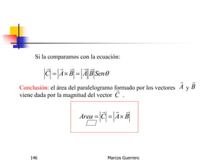 Marcos Guerrero146
Si la comparamos con la ecuación:
SenBABAC


Conclusión: el área del paralelogramo formado por los vectores y
viene dada por la magnitud del vector .
A

B

C

BACArea


 