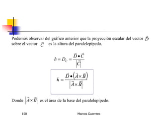 Marcos Guerrero150
Podemos observar del gráfico anterior que la proyección escalar del vector
sobre el vector es la altura del paralelepípedo.
D

C

C
CD
Dh C 



 
BA
BAD
h 




Donde es el área de la base del paralelepípedo.BA


 