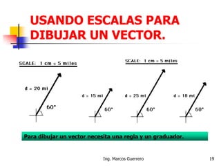 USANDO ESCALAS PARA
DIBUJAR UN VECTOR.
Para dibujar un vector necesita una regla y un graduador.
19Ing. Marcos Guerrero
 