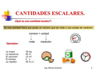 CANTIDADES ESCALARES.
Es una cantidad física que posee un número que las mide y una unidad de medición.
número + unidad
mide medición
Ejemplos:
La masa 20 kg
La distancia 45 m
El volumen 15 m3
El tiempo 2 s
La rapidez 30 m.s-1
¿Qué es una cantidad escalar?:
3Ing. Marcos Guerrero
 