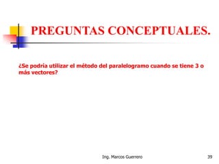 Ing. Marcos Guerrero 39
PREGUNTAS CONCEPTUALES.
¿Se podría utilizar el método del paralelogramo cuando se tiene 3 o
más vectores?
 