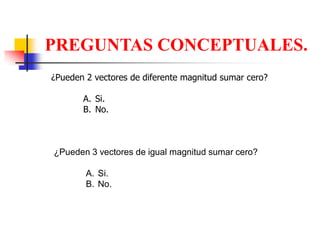 ¿Pueden 2 vectores de diferente magnitud sumar cero?
A. Si.
B. No.
¿Pueden 3 vectores de igual magnitud sumar cero?
A. Si.
B. No.
PREGUNTAS CONCEPTUALES.
 