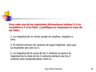 Para cada una de las siguientes afirmaciones indique V si es
verdadero o F si es falso y justifique su respuesta en caso de
ser falso.
1. La magnitud de un vector puede ser positiva, negativa o
cero.
2. El mínimo número de vectores de igual magnitud para que
su resultante sea cero es 3.
3. La magnitud de la suma de los 2 vectores es igual a la
magnitud de la resta de los 2 vectores siempre que los 2
vectores sean perpendiculares entre sí. .
55Ing. Marcos Guerrero
 