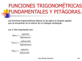 Las funciones trigonométricas básicas se las aplica en ángulos agudos
que se encuentran en el interior de un triángulo rectángulo.
FUNCIONES TRIGONOMÉTRICAS
FUNDAMENTALES Y PITÁGORAS.
Las 3 más importantes son:
hipotenusa
opuesto
Sen 
hipotenusa
adyacente
Cos 
adyacente
opuesto
Tan 
64Ing. Marcos Guerrero
 