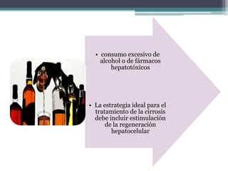 • consumo excesivo de
alcohol o de fármacos
hepatotóxicos

• La estrategia ideal para el
tratamiento de la cirrosis
debe incluir estimulación
de la regeneración
hepatocelular

 