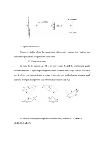 0.2 Operaciones básicas:

       Vamos a estudiar, ahora, las operaciones básicas entre vectores. Los vectores que

utilizaremos para definir las operaciones serán libres.

                  0.2.1 Suma de vectores.

       La suma de dos vectores A y B es un nuevo vector S. A+B=S. Gráficamente puede

obtenerse mediante la regla del paralelogramo, o bien usando el método que consiste en colocar

uno de ellos y en el extremo de éste se coloca el origen del otro siendo el vector resultante aquel

que tiene de origen el del primero y de extremo el del segundo (fig. 0.2).




       La suma de vectores posee la propiedad conmutativa y asociativa. A+B=B+A;

(A+B)+C=A+(B+C).
 