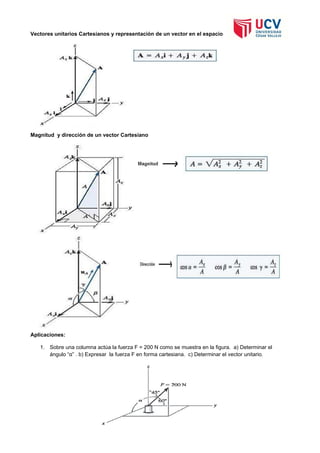 Vectores unitarios Cartesianos y representación de un vector en el espacio
Magnitud y dirección de un vector Cartesiano
Aplicaciones:
1. Sobre una columna actúa la fuerza F = 200 N como se muestra en la figura. a) Determinar el
ángulo “α” . b) Expresar la fuerza F en forma cartesiana. c) Determinar el vector unitario.
 