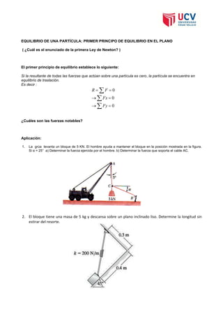 EQUILIBRIO DE UNA PARTÍCULA: PRIMER PRINCIPO DE EQUILIBRIO EN EL PLANO
( ¿Cuál es el enunciado de la primera Ley de Newton? )
El primer principio de equilibrio establece lo siguiente:
Si la resultante de todas las fuerzas que actúan sobre una partícula es cero, la partícula se encuentra en
equilibrio de traslación.
Es decir :



=
→
=
→
=
=
0
0
0
Fy
Fx
F
R
¿Cuáles son las fuerzas notables?
Aplicación:
1. La grúa levanta un bloque de 5 KN. El hombre ayuda a mantener el bloque en la posición mostrada en la figura.
Si α = 25° a) Determinar la fuerza ejercida por el hombre. b) Determinar la fuerza que soporta el cable AC.
2. El bloque tiene una masa de 5 kg y descansa sobre un plano inclinado liso. Determine la longitud sin
estirar del resorte.
 
