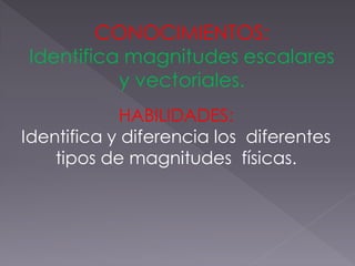 CONOCIMIENTOS:
Identifica magnitudes escalares
          y vectoriales.
            HABILIDADES:
Identifica y diferencia los diferentes
    tipos de magnitudes físicas.
 