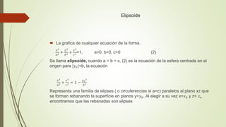 Elipsoide
 La grafica de cualquier ecuación de la forma.
𝑥2
𝑎2 +
𝑦2
𝑏2 +
𝑧2
𝑐2=1, a>0, b>0, c>0 (2)
Se llama elipsoide, cuando a = b = c, (2) es la ecuación de la esfera centrada en el
origen para |𝑦0|<b, la ecuación
𝑥2
𝑎2 +
𝑧2
𝑐2 = 1 −
𝑦0
2
𝑏2
Representa una familia de elipses ( o circuferencias si a=c) paralelos al plano xz que
se forman rebanando la superficie en planos y=𝑦0. Al elegir a su vez x=𝑥0 y z= 𝑧𝑜
encontramos que las rebanadas son elipses
 