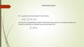 Paraboloide elíptico
 La gráfica de una ecuación de la forma:
cz=
𝑥2
𝑎2 +
𝑦2
𝑏2, a>0 , b>0
Se denomina paraboloide elíptico. Advertimos que para C>o, paralelos al plano xy,
cortan la superficie en elipses cuyas ecuaciones son:
𝑥2
𝑎2 +
𝑦2
𝑏2=c𝑧0
 