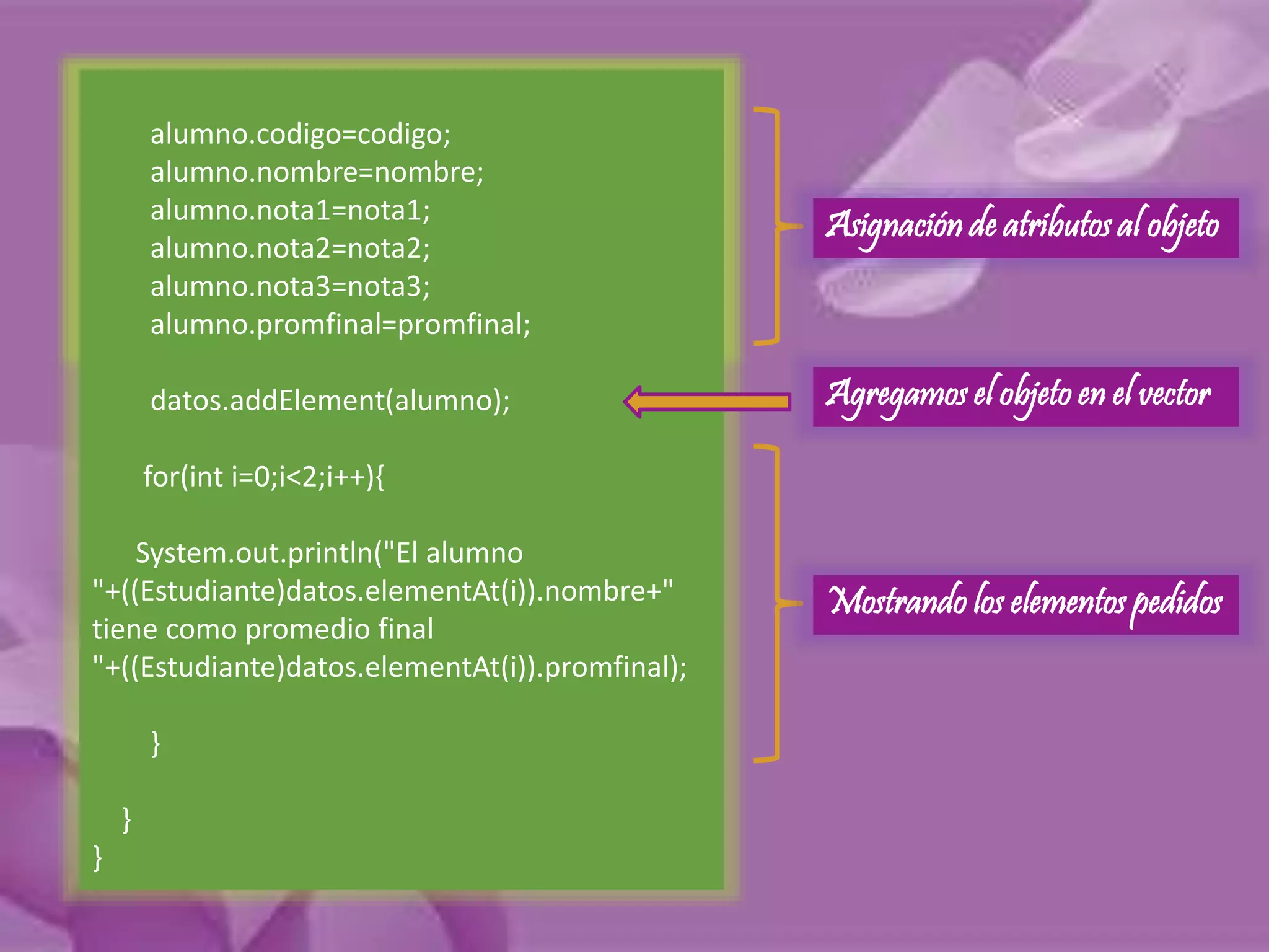alumno.codigo=codigo; 
alumno.nombre=nombre; 
alumno.nota1=nota1; 
alumno.nota2=nota2; 
alumno.nota3=nota3; 
alumno.promfinal=promfinal; 
datos.addElement(alumno); 
for(int i=0;i<2;i++){ 
System.out.println("El alumno 
"+((Estudiante)datos.elementAt(i)).nombre+" 
tiene como promedio final 
"+((Estudiante)datos.elementAt(i)).promfinal); 
} 
} 
} 
Asignación de atributos al objeto 
Agregamos el objeto en el vector 
Mostrando los elementos pedidos 
 