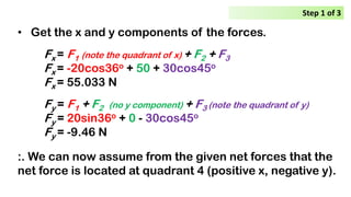 • Get the x and y components of the forces.
Fx = F1 (note the quadrant of x) + F2 + F3
Fx = -20cos36o + 50 + 30cos45o
Fx = 55.033 N
Fy = F1 + F2 (no y component) + F3 (note the quadrant of y)
Fy = 20sin36o + 0 - 30cos45o
Fy = -9.46 N
:. We can now assume from the given net forces that the
net force is located at quadrant 4 (positive x, negative y).
Step 1 of 3
 