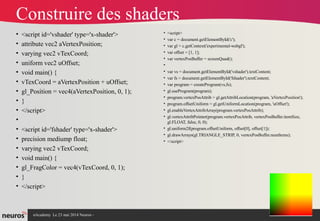 nAcademy Le 23 mai 2014 Neuros -
Construire des shaders
• <script id='vshader' type='x-shader'>
• attribute vec2 aVertexPosition;
• varying vec2 vTexCoord;
• uniform vec2 uOffset;
• void main() {
• vTexCoord = aVertexPosition + uOffset;
• gl_Position = vec4(aVertexPosition, 0, 1);
• }
• </script>
•
• <script id='fshader' type='x-shader'>
• precision mediump float;
• varying vec2 vTexCoord;
• void main() {
• gl_FragColor = vec4(vTexCoord, 0, 1);
• }
• </script>
• <script>
• var c = document.getElementById('c');
• var gl = c.getContext('experimental-webgl');
• var offset = [1, 1];
• var vertexPosBuffer = screenQuad();
•
• var vs = document.getElementById('vshader').textContent;
• var fs = document.getElementById('fshader').textContent;
• var program = createProgram(vs,fs);
• gl.useProgram(program);
• program.vertexPosAttrib = gl.getAttribLocation(program,
'aVertexPosition');
• program.offsetUniform = gl.getUniformLocation(program,
'uOffset');
• gl.enableVertexAttribArray(program.vertexPosAttrib);
• gl.vertexAttribPointer(program.vertexPosAttrib,
vertexPosBuffer.itemSize, gl.FLOAT, false, 0, 0);
• gl.uniform2f(program.offsetUniform, offset[0], offset[1]);
• gl.drawArrays(gl.TRIANGLE_STRIP, 0,
vertexPosBuffer.numItems);
• </script>
 