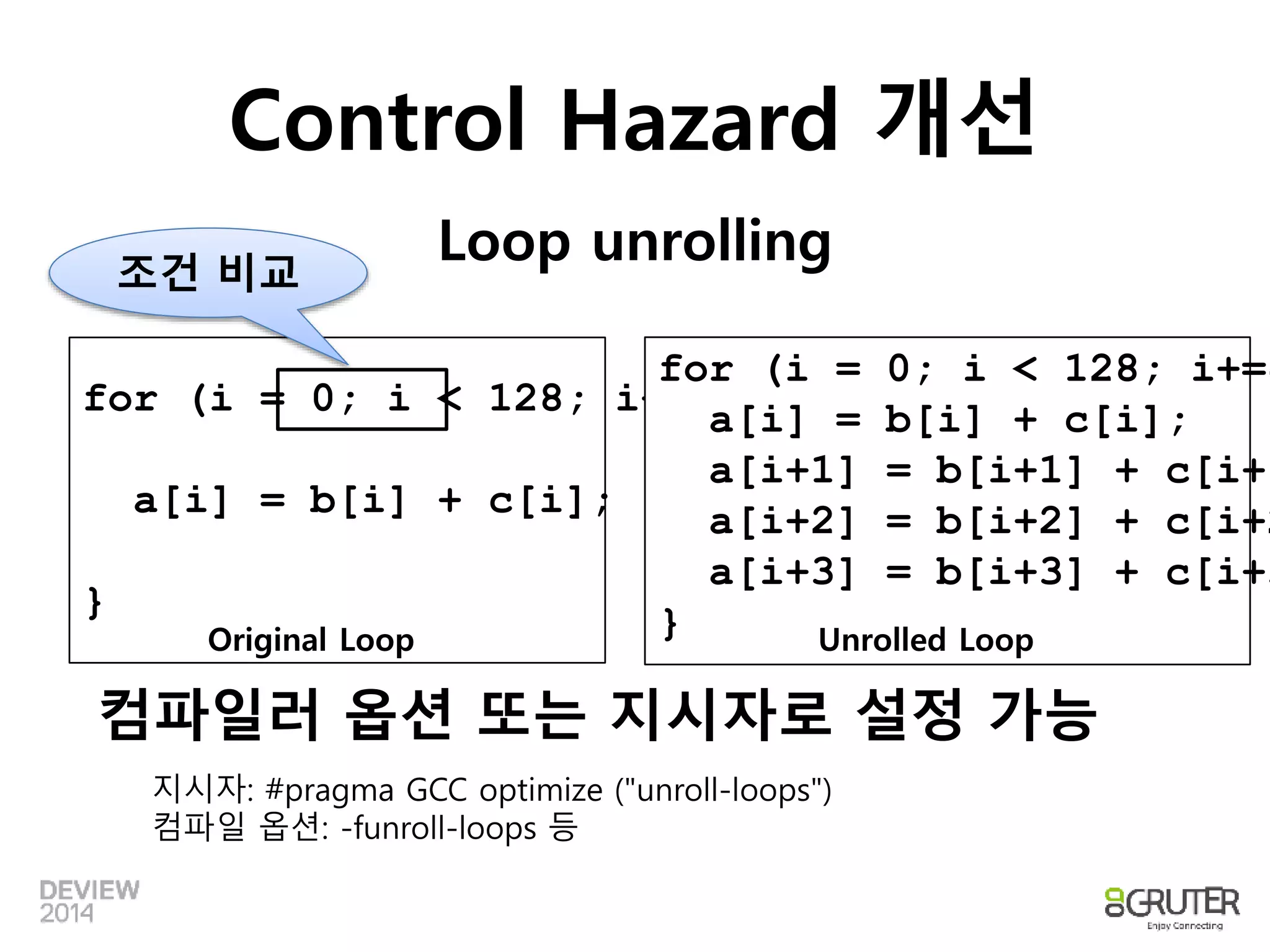 Control Hazard 개선 
Loop unrolling 
조건 비교 
for (i = 0; i < 128; i++) { 
a[i] = b[i] + c[i]; 
} 
for (i = 0; i < 128; i+=4) a[i] = b[i] + c[i]; 
a[i+1] = b[i+1] + c[i+1]; 
a[i+2] = b[i+2] + c[i+2]; 
a[i+3] = b[i+3] + c[i+3]; 
Original Loop } Unrolled Loop 
컴파일러 옵션 또는 지시자로 설정 가능 
지시자: #pragma GCC optimize ("unroll-loops") 
컴파일 옵션: -funroll-loops 등 
 