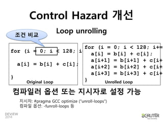 Control Hazard 개선 
Loop unrolling 
조건 비교 
for (i = 0; i < 128; i++) { 
a[i] = b[i] + c[i]; 
} 
for (i = 0; i < 128; i+=4) a[i] = b[i] + c[i]; 
a[i+1] = b[i+1] + c[i+1]; 
a[i+2] = b[i+2] + c[i+2]; 
a[i+3] = b[i+3] + c[i+3]; 
Original Loop } Unrolled Loop 
컴파일러 옵션 또는 지시자로 설정 가능 
지시자: #pragma GCC optimize ("unroll-loops") 
컴파일 옵션: -funroll-loops 등 
 