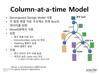 Column-at-a-time Model 
• Decomposed Storage Model 사용 
• 각 컬럼 배열 자료 구조에는 전체 Row의 
데이터를 반환 
• MonetDB에서 사용 
• 장점 
– 함수 호출 비용 감소 
– Instruction/data cache hit 향상 
– Pipelining 활용도 높음 
– SIMD 활용도 높음 
• 단점 
– 중간 데이터 유지 비용 높음 
– 여전히 높은 cache miss 빈도 
• 두 컬럼의 데이터를 이용하는 연산의 경우 
Monet: a next-Generation DBMS Kernel 
For Query-Intensive Applications 
next() 
next() 
JOIN A,B 
next() 
SCAN 
JOIN C 
결과 Tuple 
 