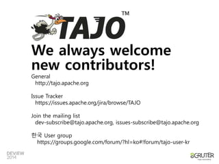We always welcome 
new contributors! 
General 
http://tajo.apache.org 
Issue Tracker 
https://issues.apache.org/jira/browse/TAJO 
Join the mailing list 
dev-subscribe@tajo.apache.org, issues-subscribe@tajo.apache.org 
한국 User group 
https://groups.google.com/forum/?hl=ko#!forum/tajo-user-kr 
 