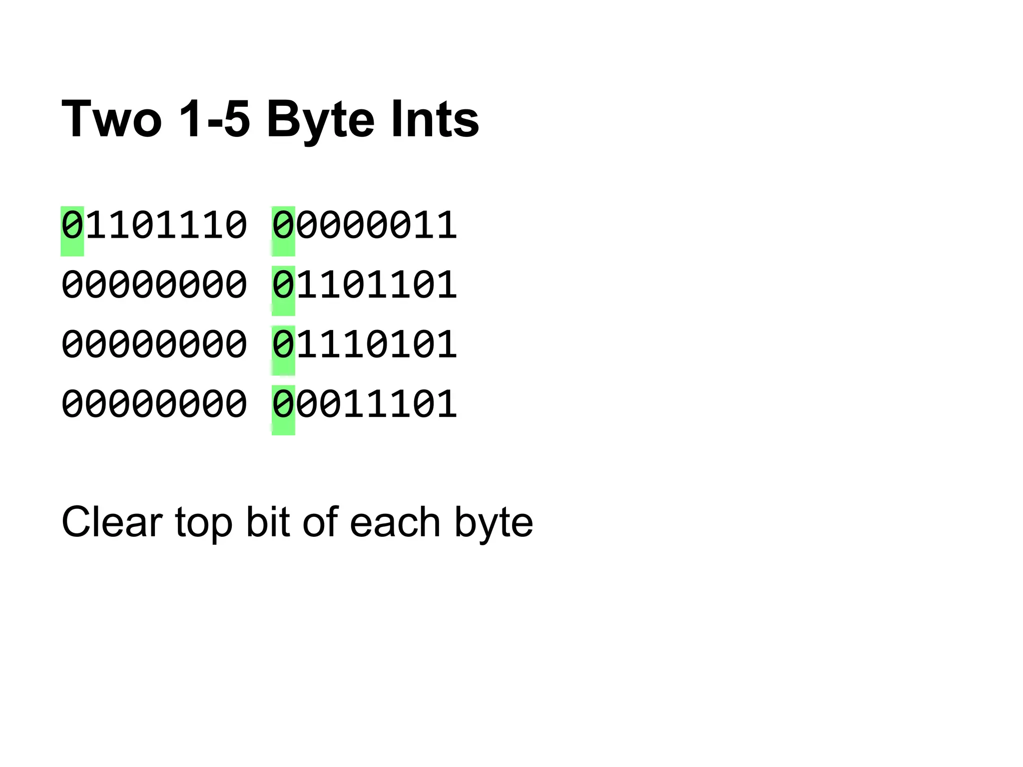 Two 1-5 Byte Ints
01101110 00000011
00000000 01101101
00000000 01110101
00000000 00011101
Clear top bit of each byte
 
